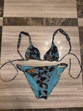 Ulla Johnson Blue Floral Tie Triangle Bikini Set